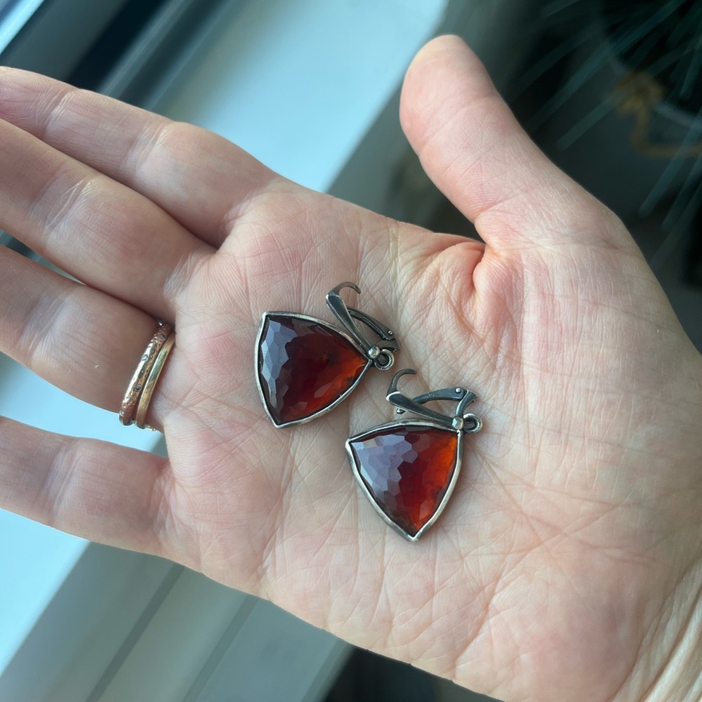 Metalsmithed By Olga Hessonite Garnet and Silver Geometric Earrings